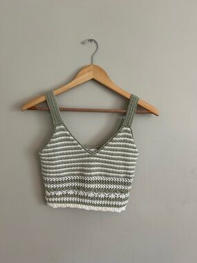 Hollister Sage Green and White Striped Cropped Knit Tank